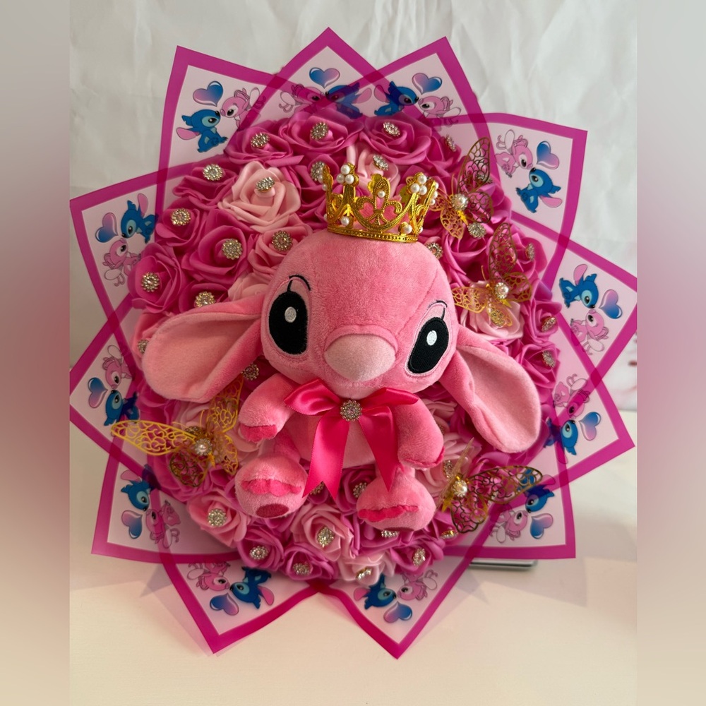 Adorable Pink Plush Toy Bouquet with Golden Crown